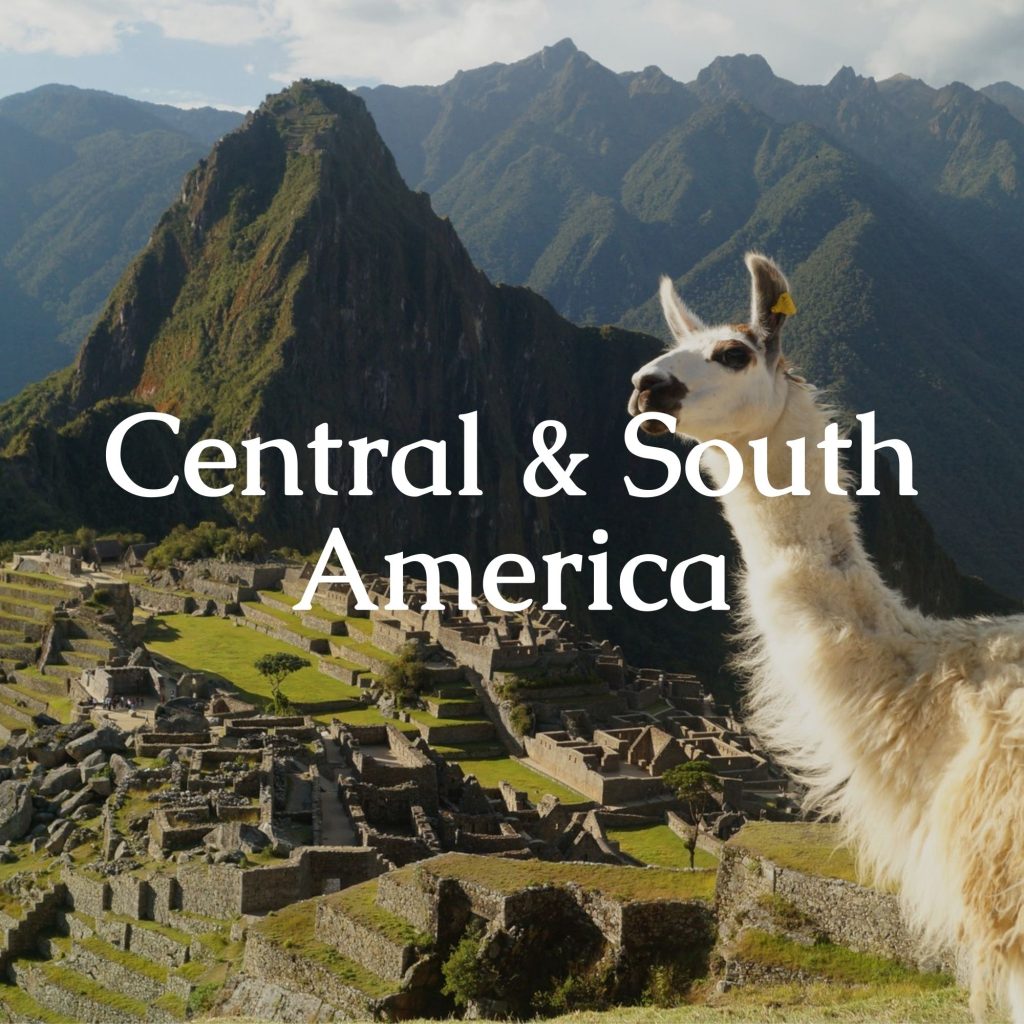 In the foreground, a llama with Machu Picchu in the background. In the foreground, the text 'Central & South America'.